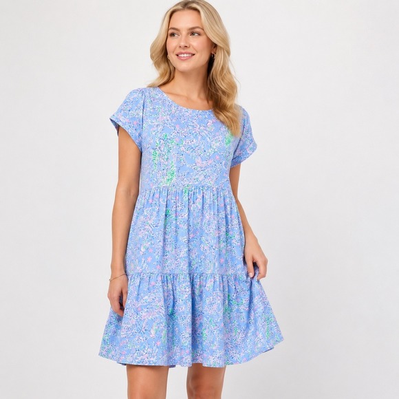 Lilly Pulitzer Dresses & Skirts - Lilly Pulitzer Geanna Tiered T-Shirt Dress Blue Tropical Tiger Palm Print Small